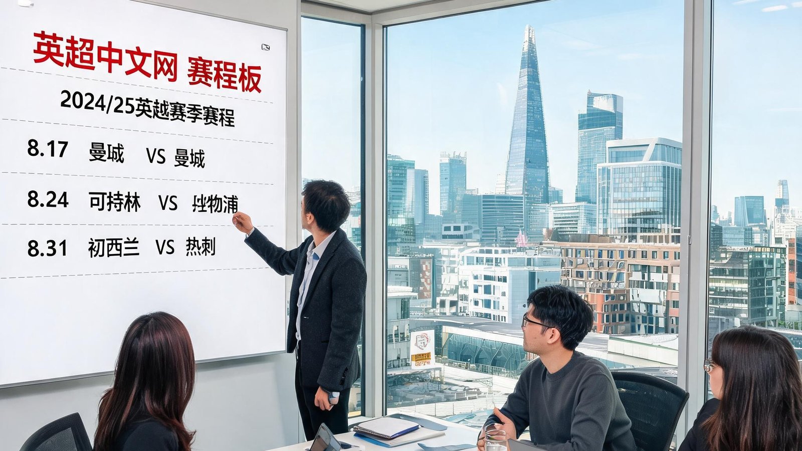 英超中文网编辑团队在伦敦金融城办公室讨论内容策划，墙上有英超赛程板